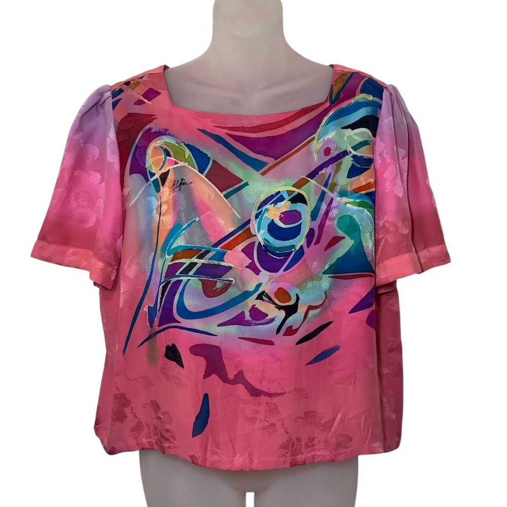 Vintage French Hand Painted Silk Blouse Signed Elfie Abstract Wearable Art‎ Top